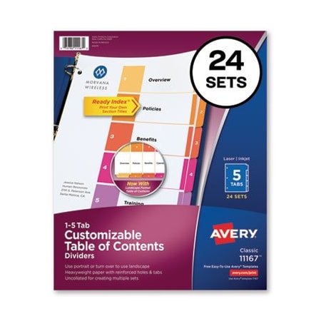 Avery Dennison Avery, CUSTOMIZABLE TOC READY INDEX MULTICOLOR DIVIDERS, 5-TAB, LETTER, 24PK 11167